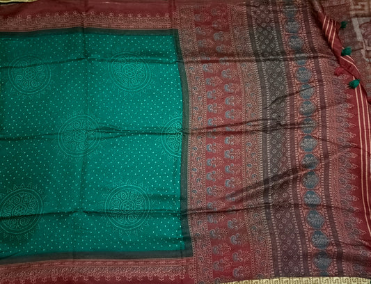 Green Fushion bandhini Ajrakh Malai cotton saree HA25410