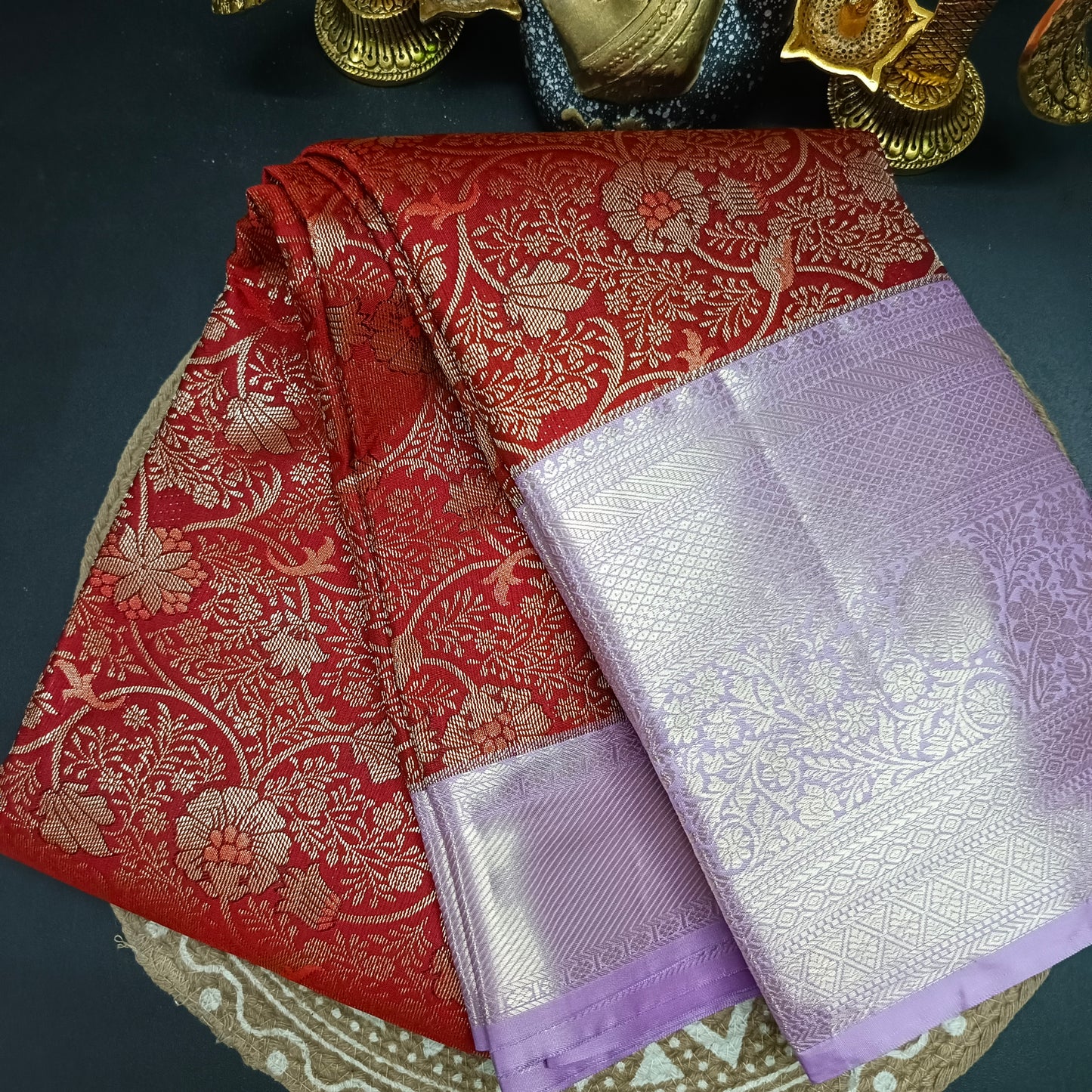 Red with purple Aiswariyam vegan Brocade Kanchi silk saree LA25948