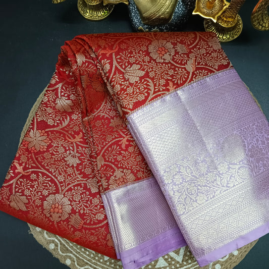Red with purple Aiswariyam vegan Brocade Kanchi silk saree LA25948