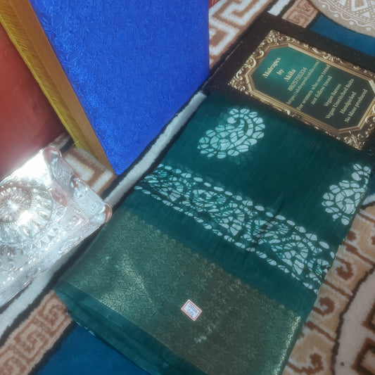 Bottle green Vegan lenin Mango batik weaving border saree JA26052