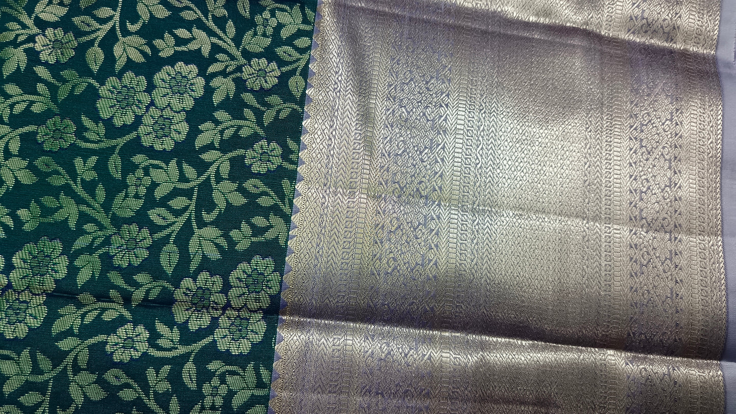 Peacock green Parijatham Vegan premium kanchi brocade silk saree LA25923