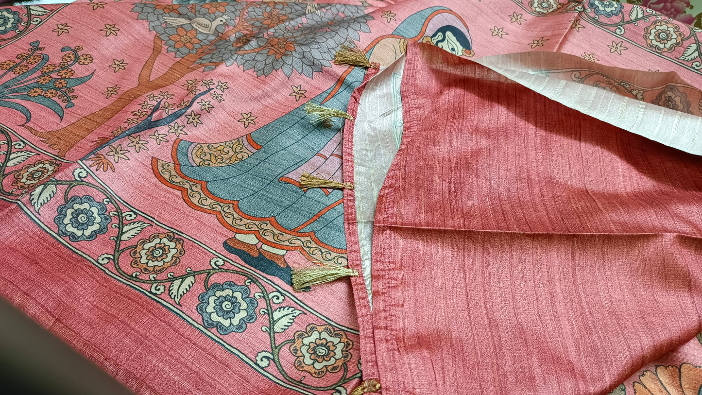 Rust orange Ritika digital printed kalamkari vegan tussar saree SA25698