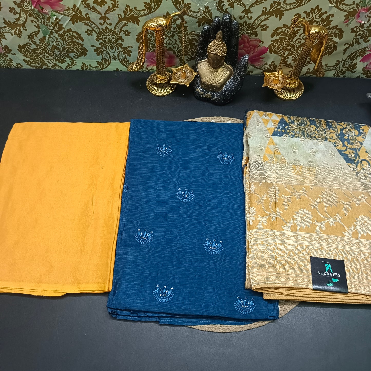 Peacock blue yellow vegan chinnon silk Unstitched suits HA25397