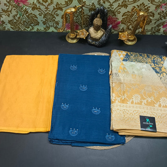 Peacock blue yellow vegan chinnon silk Unstitched suits HA25397