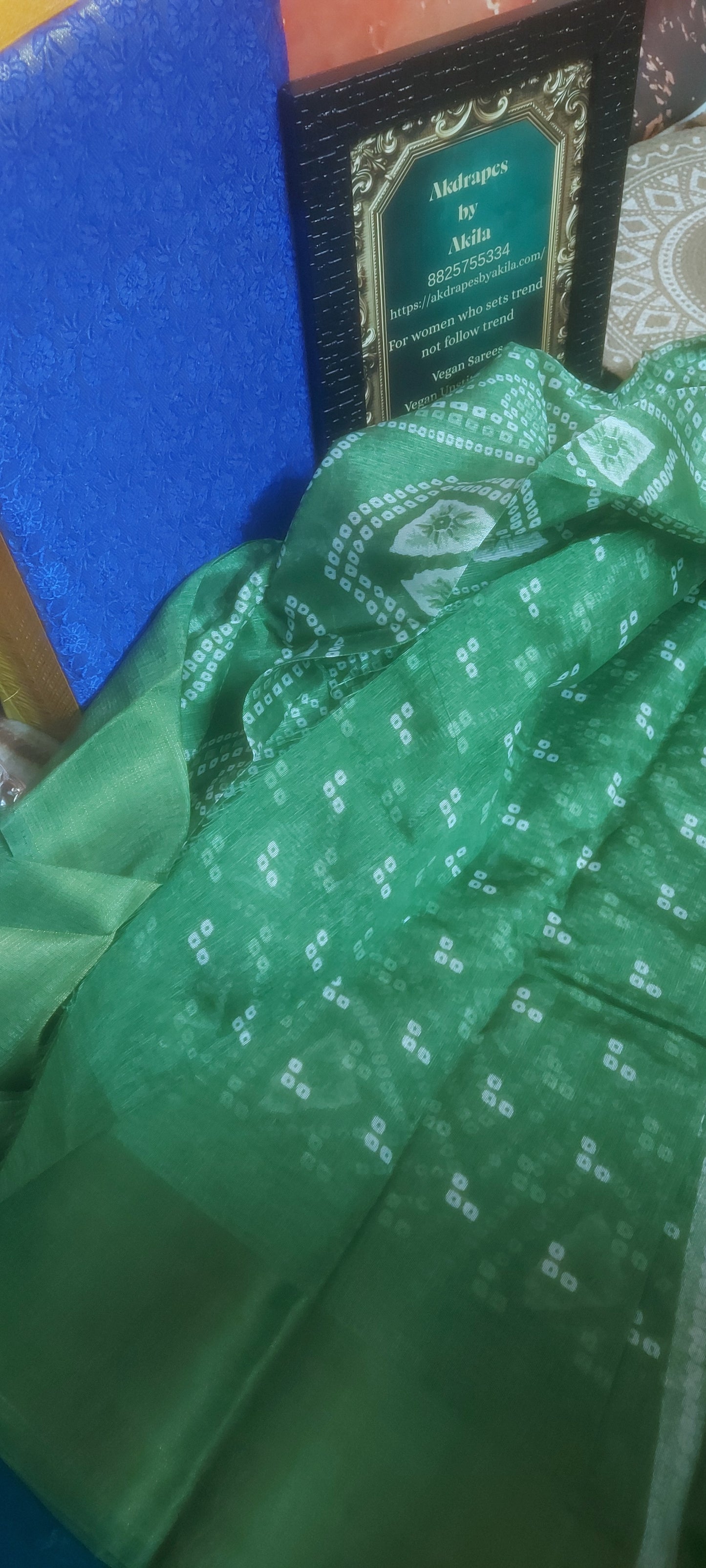 Green bandhini Vegan linen Zari border saree JA26041