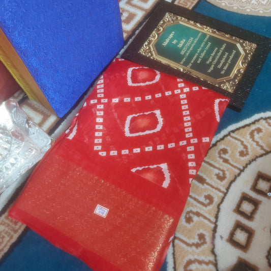 Red vegan bandhini linen weaving border saree JA26078