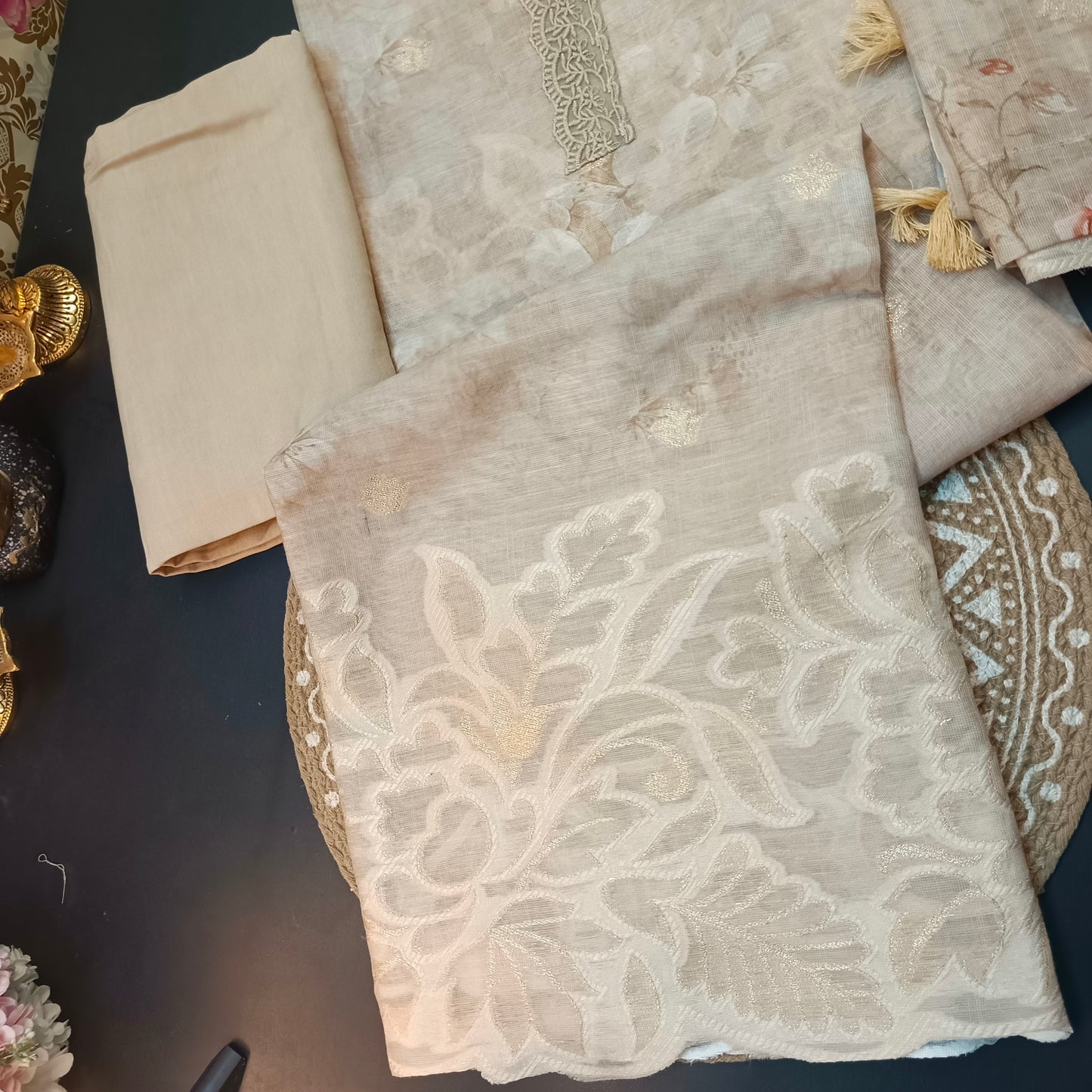 Beige Linen Jamdhani Cutwork vegan Unstitched Suit PA25067