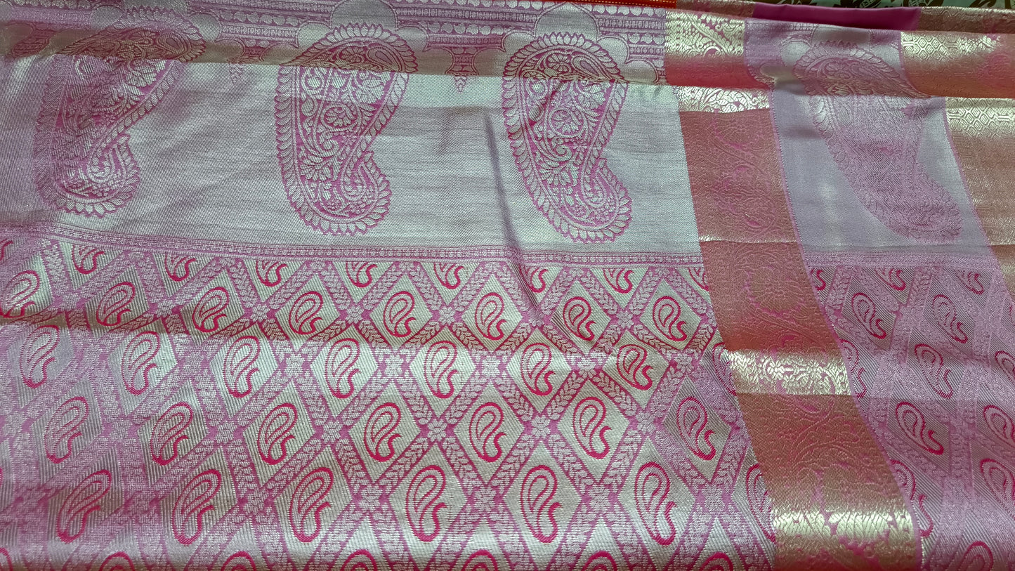 Orange with pastel pink Parijatham Vegan premium kanchi brocade silk saree LA25925