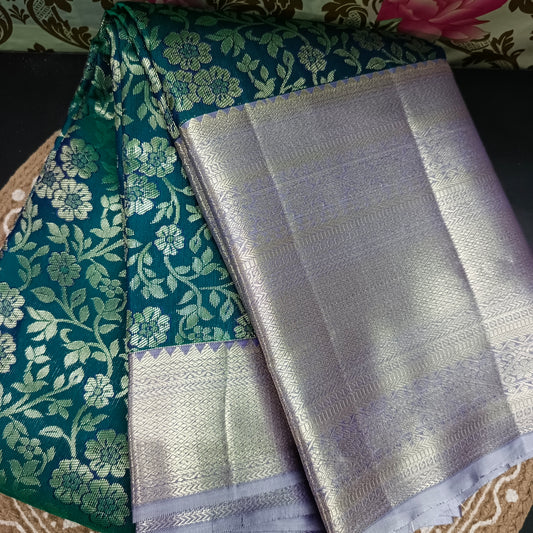 Peacock green Parijatham Vegan premium kanchi brocade silk saree LA25923