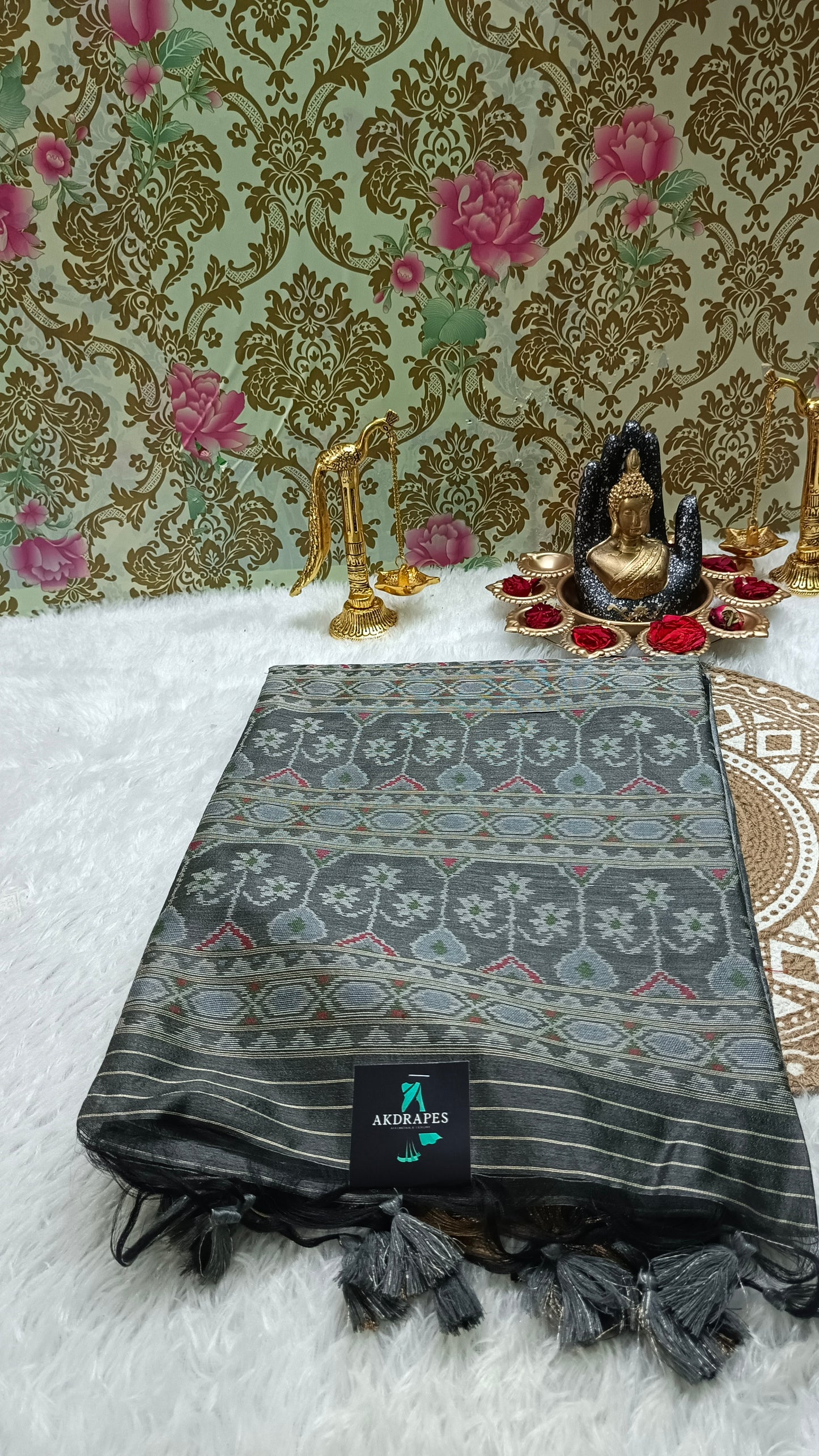 Grey with Black Zigzag Handweave Ikkat Vegan Silk Cotton Saree HA25430