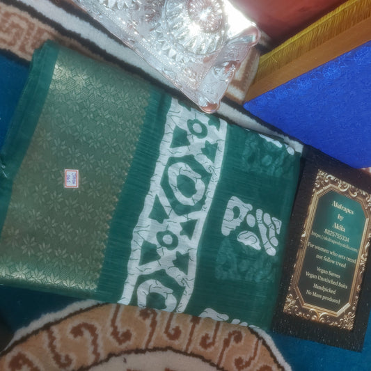 Bottle green vegan linen batik weaving border saree JA26065