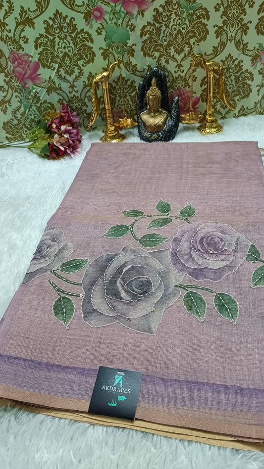 Purple Kantha blooms Vegan linen kantha work saree SA25710