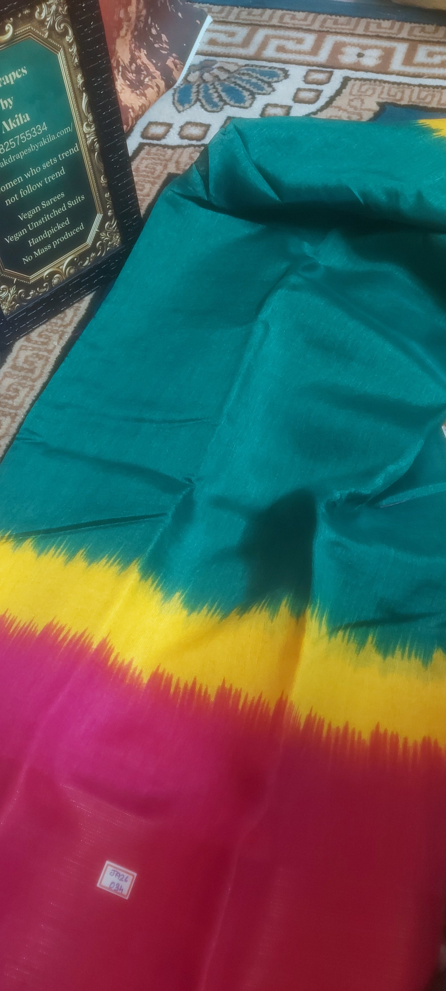 Green Tricolor vegan linen zari border saree JA26034