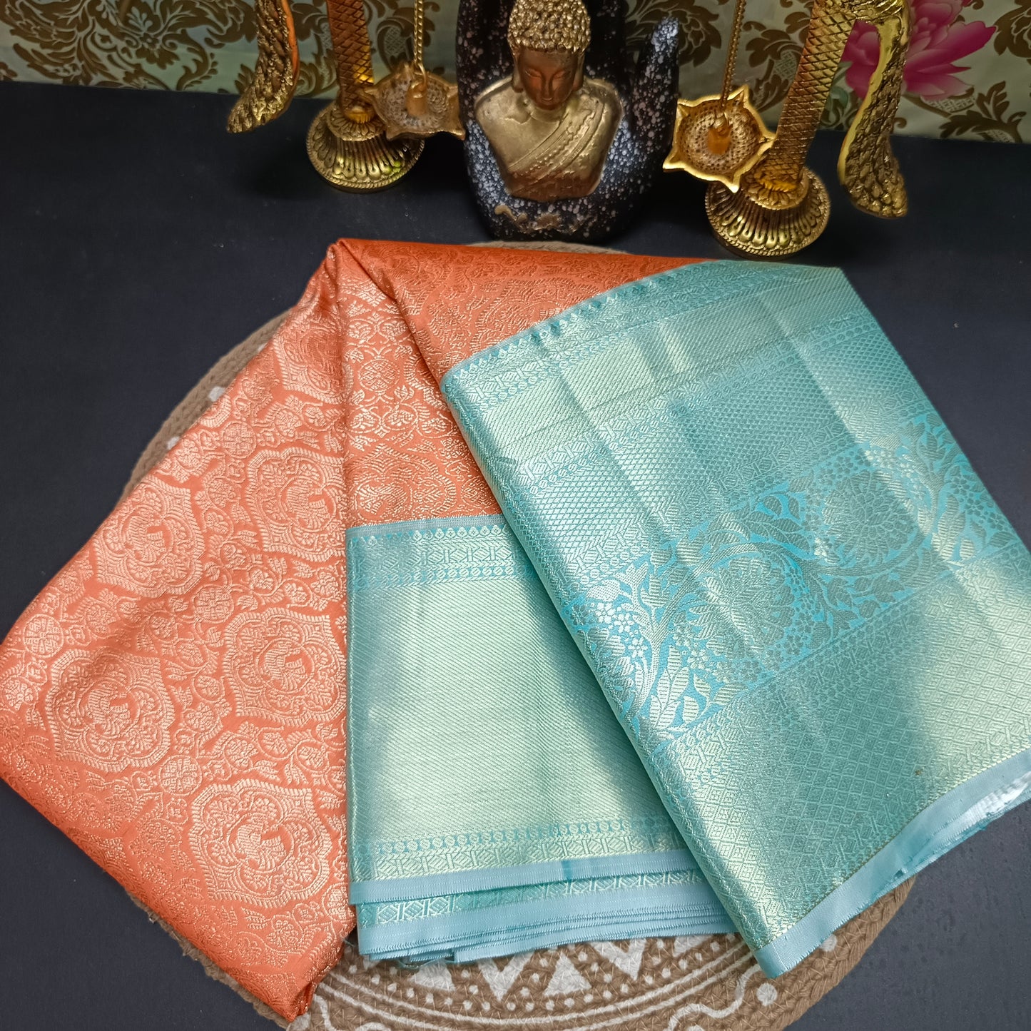 Peach with pastel green Aishwariyam vegan kanchi brocade silk saree LA25949