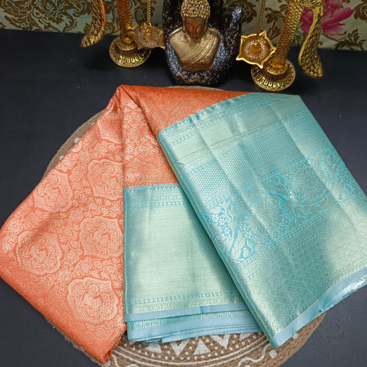 Peach with pastel green Aishwariyam vegan kanchi brocade silk saree LA25949