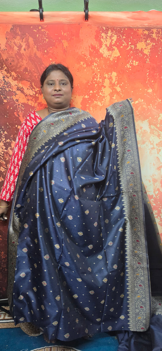 Navy blue Meenakari vegan zari banaras Raw silk saree HA25465