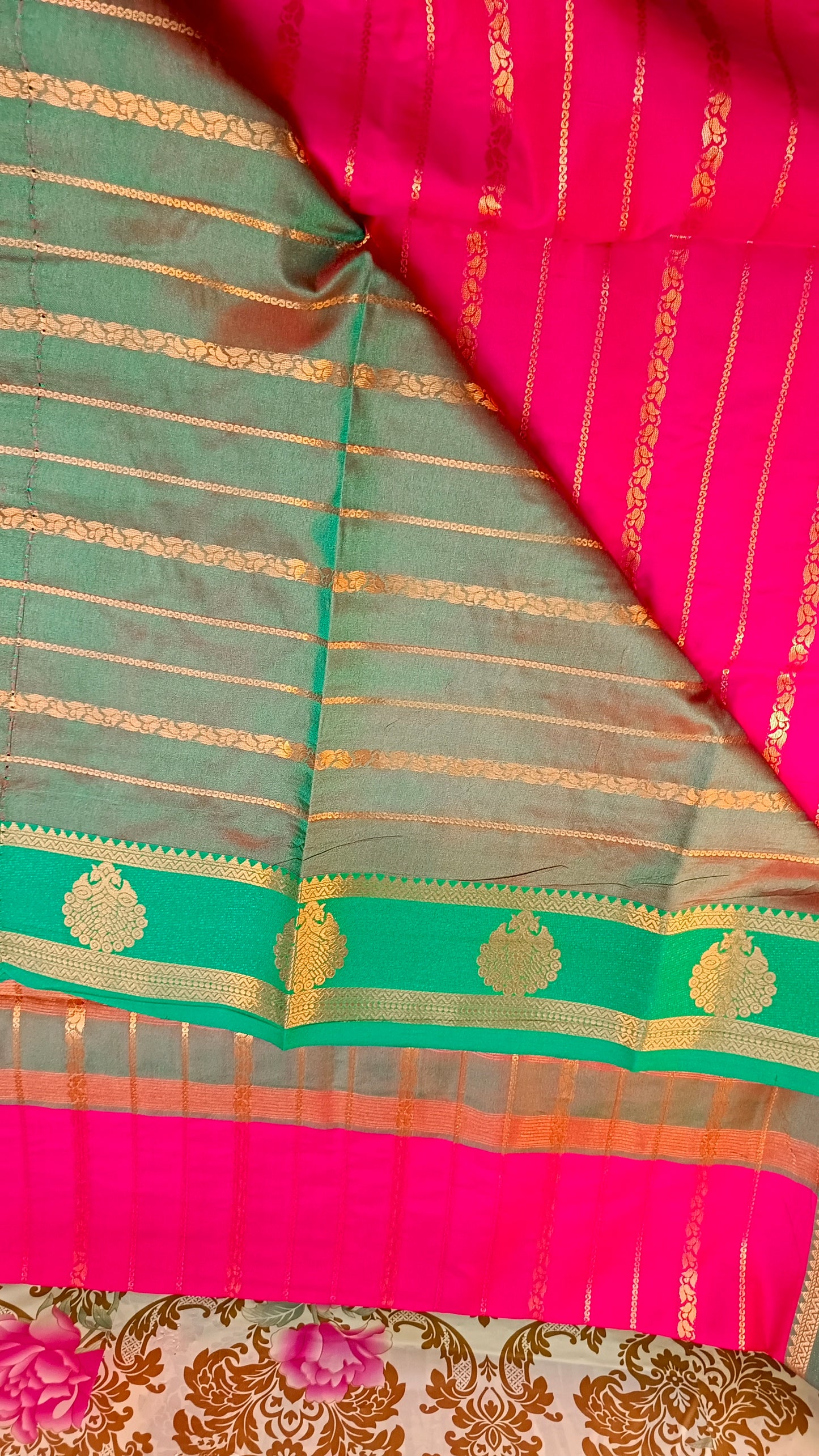 Pink Green Veldhari Vegan mysore silk saree MA25087