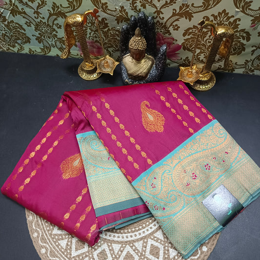 Wine Pastel blue Pavazha Pattu vegan Kanchi silk saree MA25138