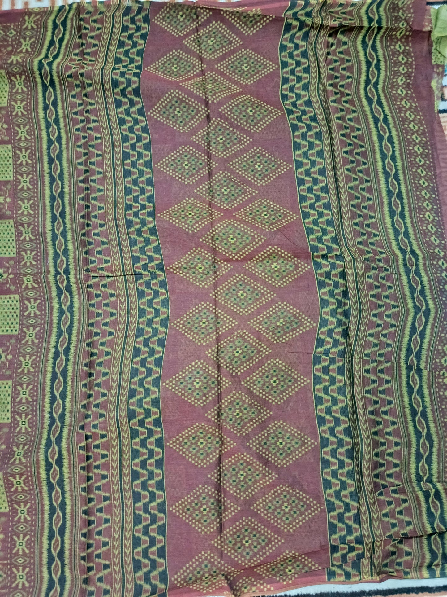 Green Malai Maska ikkat screen printed vegan malai cotton saree HA25541