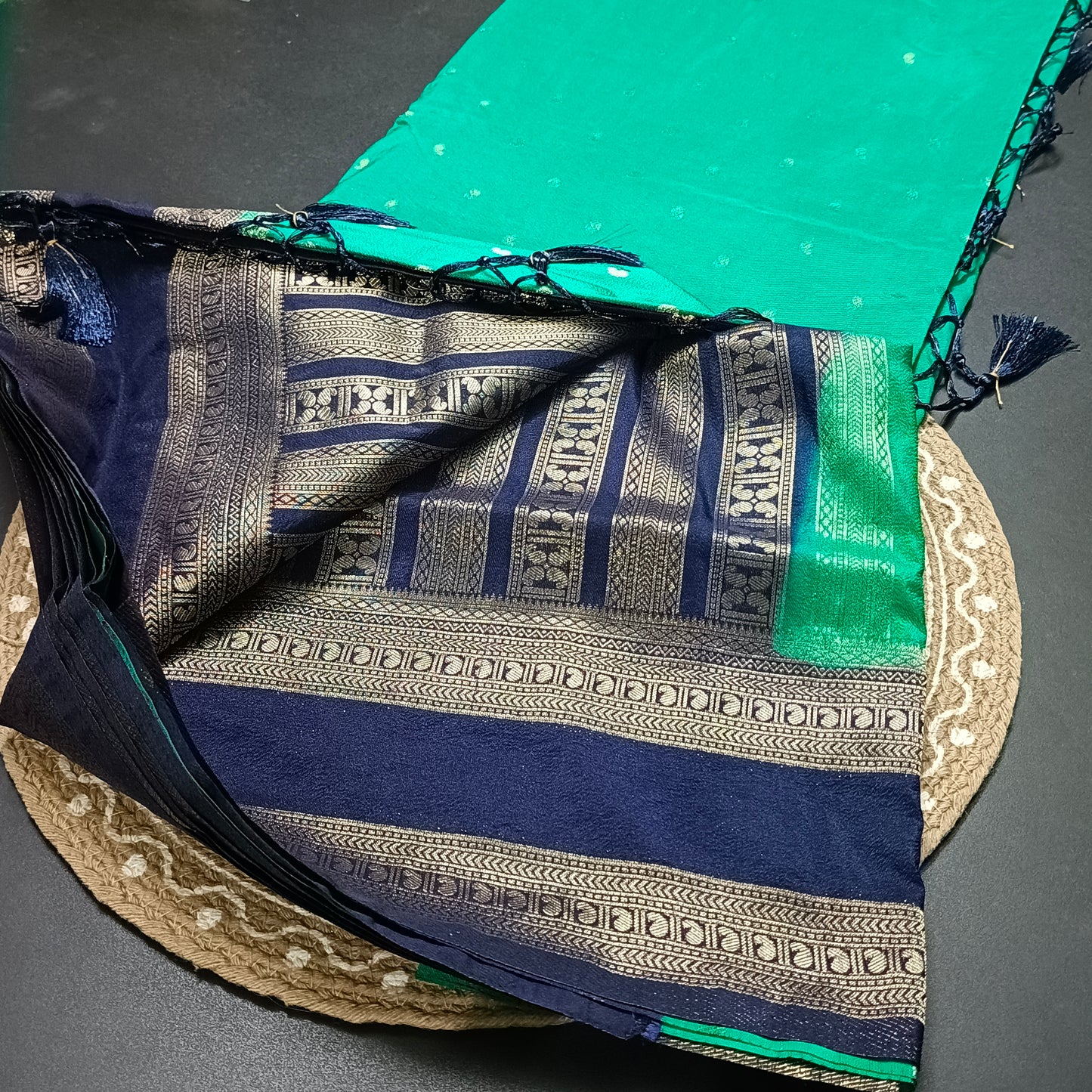 Sapphire Green Navy Blue Kairika Vegan Viscose Crepe Silk Saree MA25168