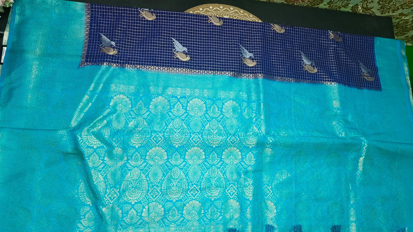 Navy blue Blue  Midhuna Pakshi Premium Vegan Crepe silk Saree MA25213