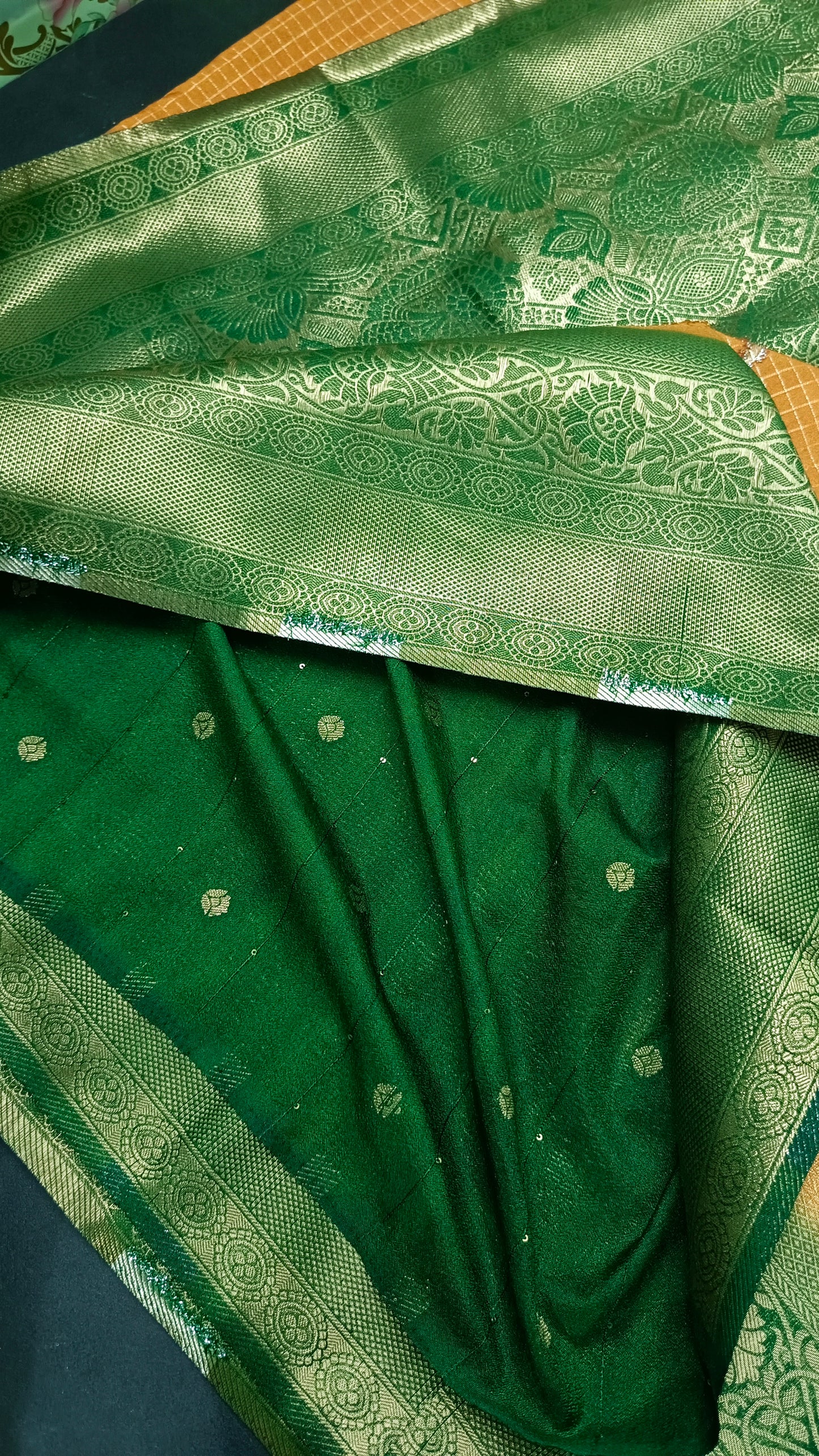 Mustard yellow Green Midhuna Pakshi Premium Vegan Crepe silk Saree MA25210
