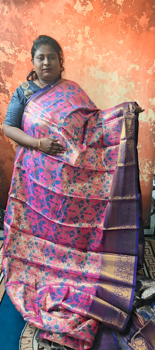 Blue pink silver Tissue Tales Meenakari vegan bridal katan tissue saree kanchi inspired JA25301