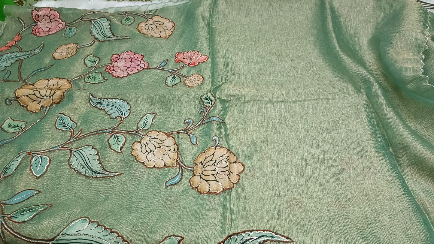 Green Floral symphony applique vegan tissue saree SA25714