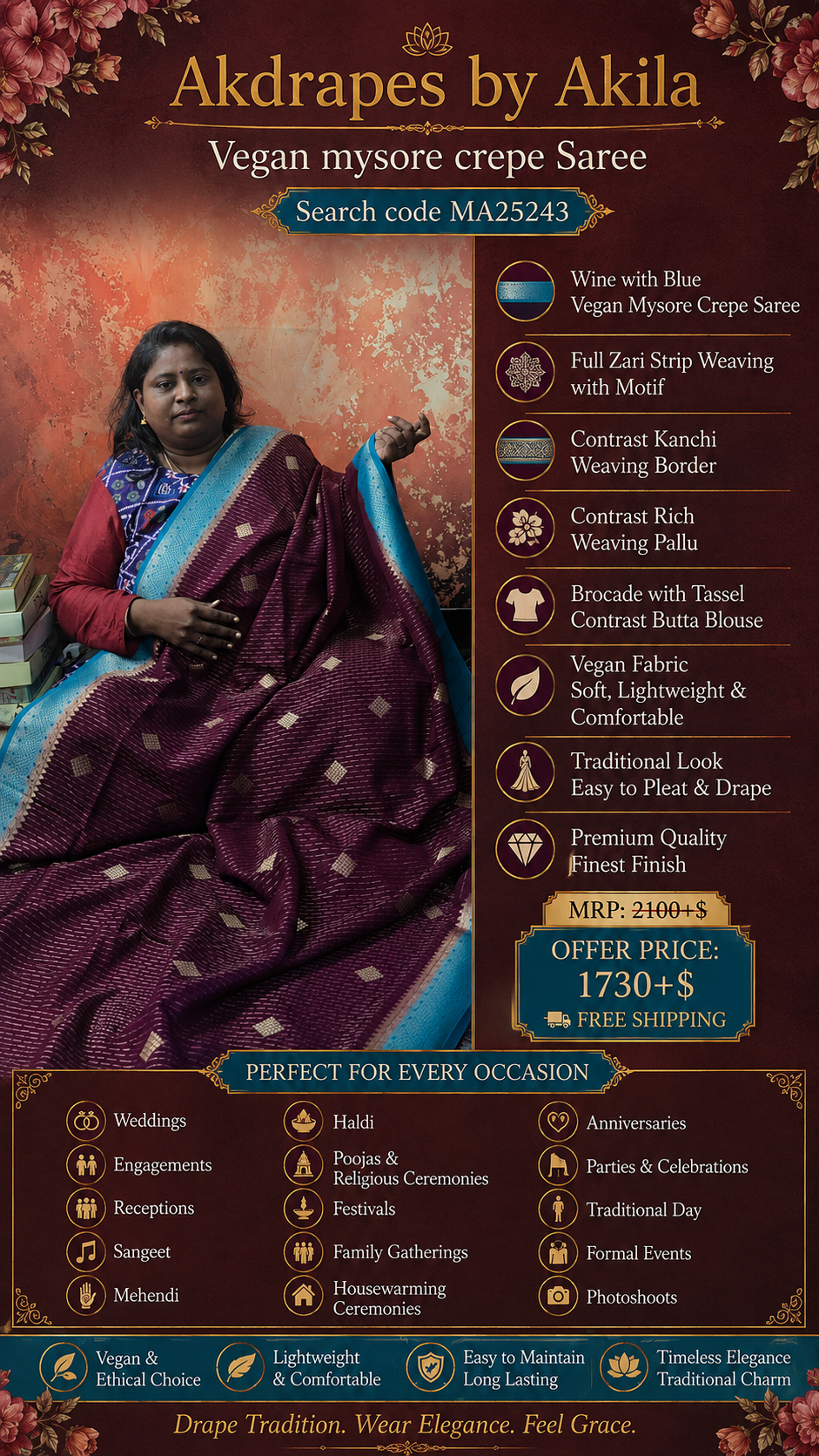 Wine Blue Resha Vegan Mysore crepe silk saree MA25243