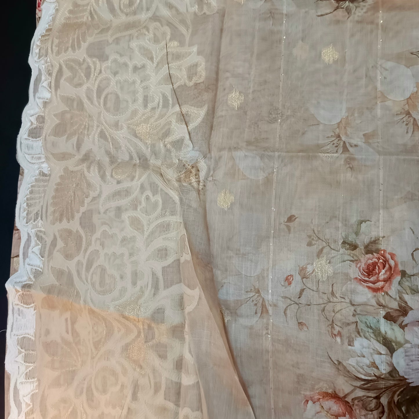Beige Linen Jamdhani Cutwork vegan Unstitched Suit PA25067