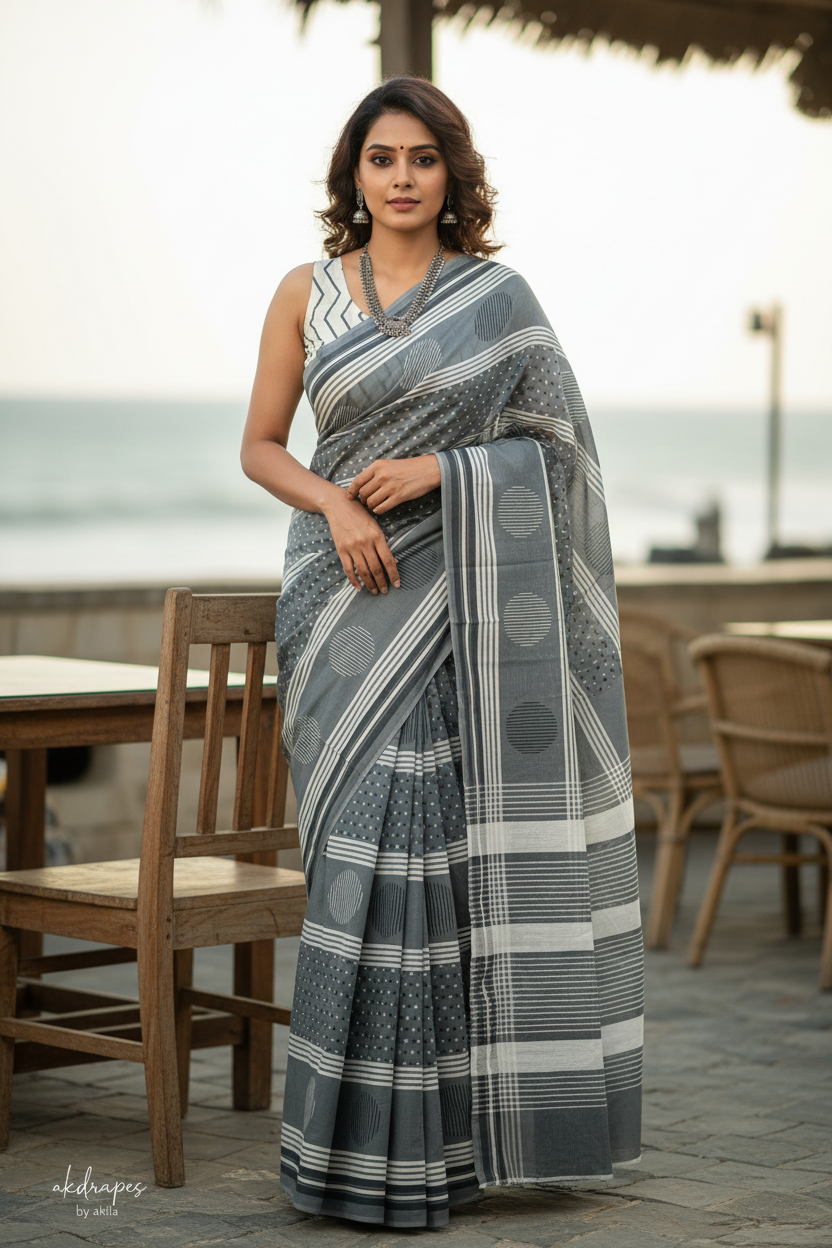 Grey Vegan floral Jaipur cotton saree SA25748