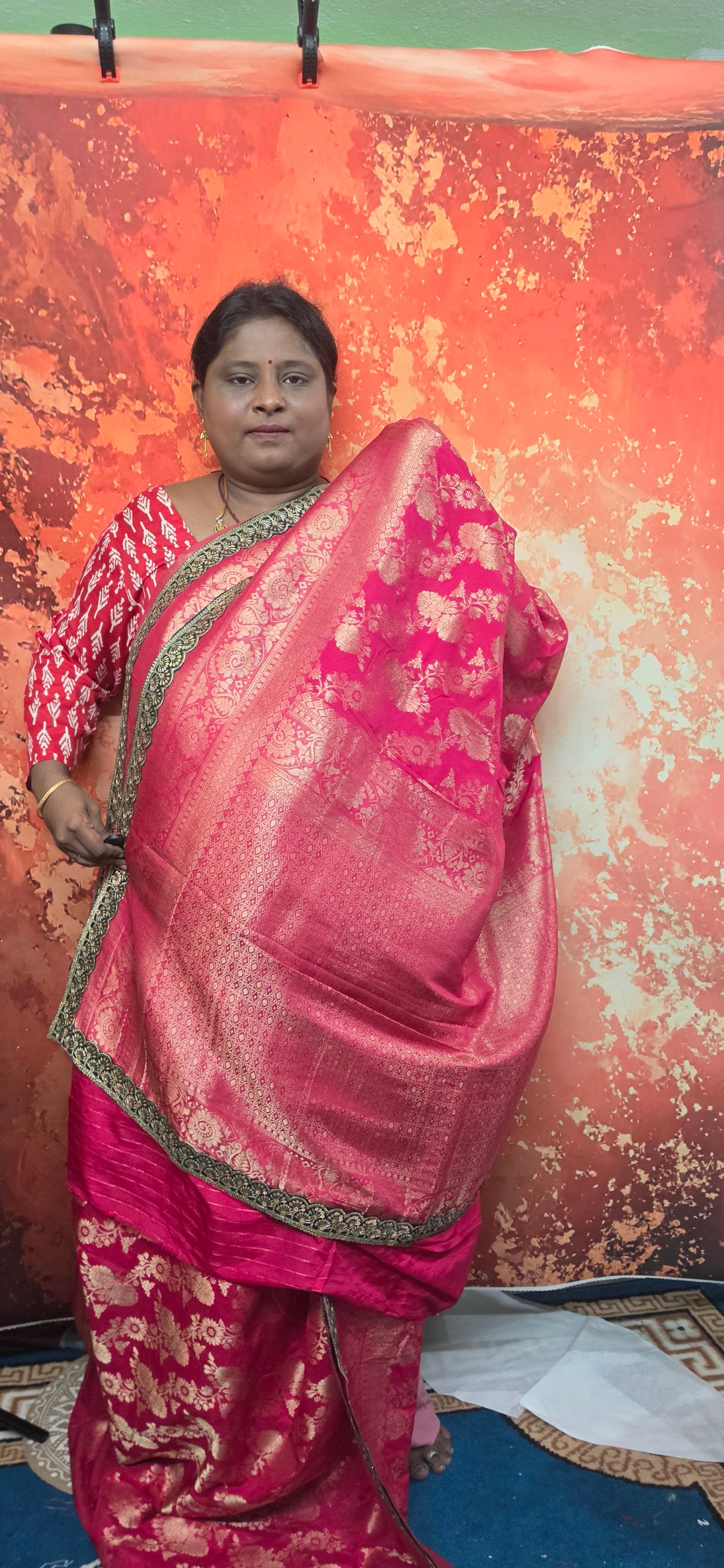 Reddish pink with green Royal banarasi vegan kaddi georgette saree JA25330