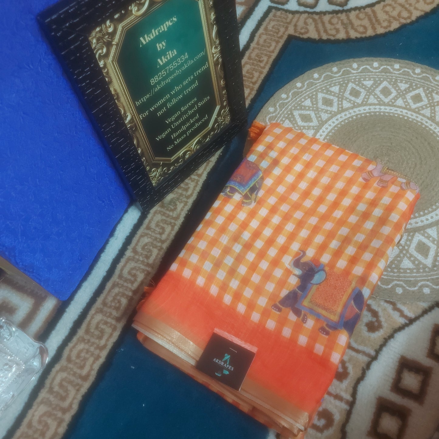 Orange Gingnam checks elephant vegan linen saree JA26012