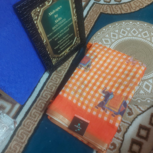 Orange Gingnam checks elephant vegan linen saree JA26012