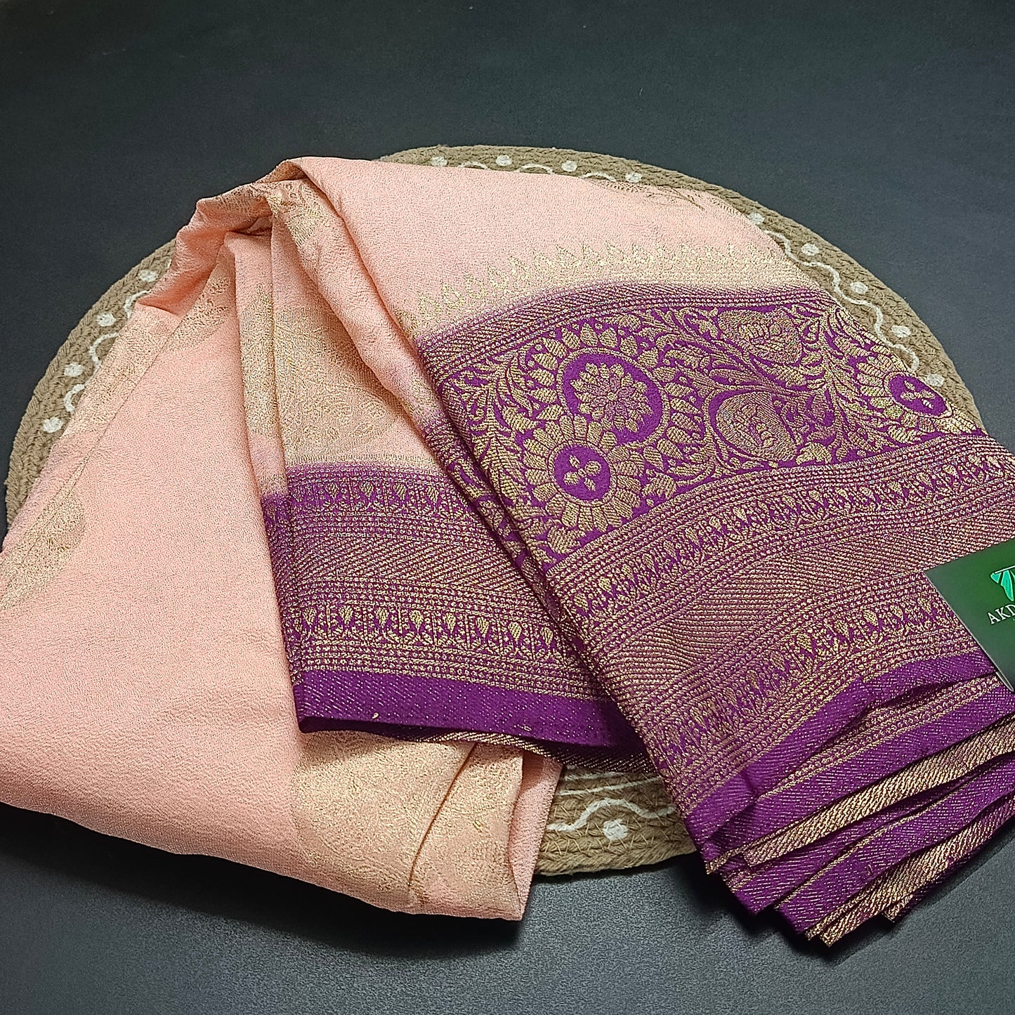 Peach banarasi vana premium vegan Kaddi georgette saree MA25199