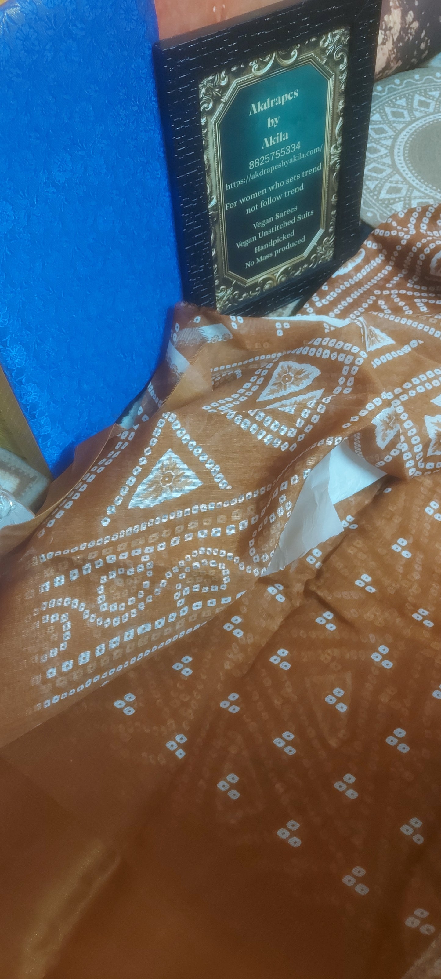 Rust Orange bandhini Vegan linen Zari border saree JA26040