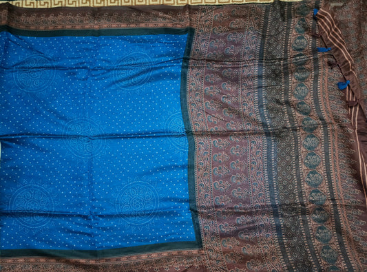Blue Fushion bandhini Ajrakh Malai cotton saree HA25412