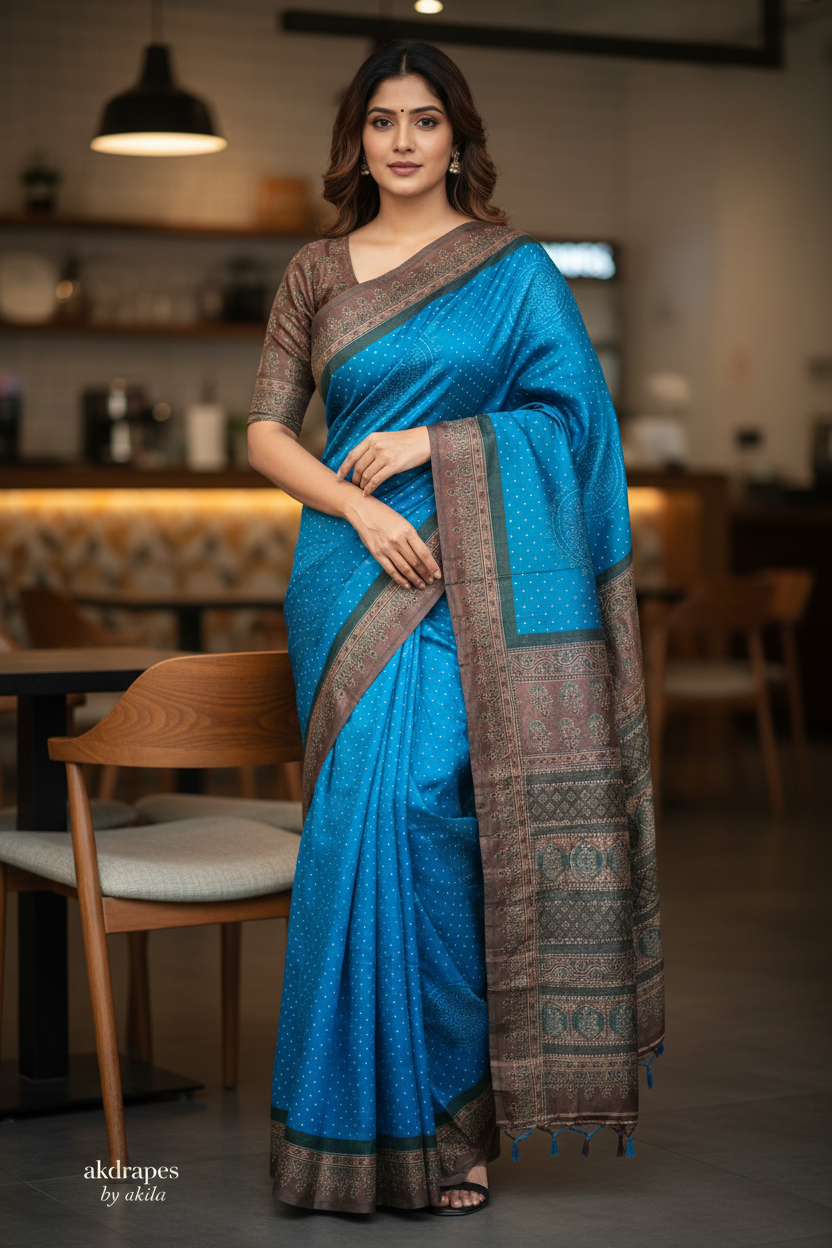 Blue Fushion bandhini Ajrakh Malai cotton saree HA25412