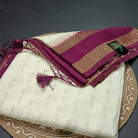 Off White Wine Kairika Vegan Viscose Crepe Silk Saree MA25162