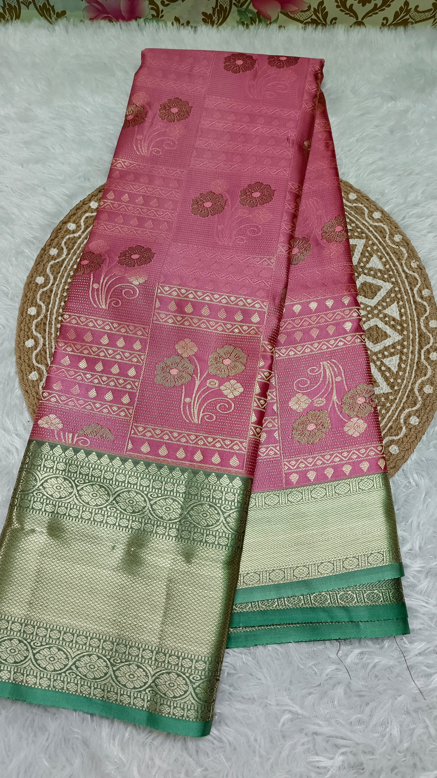 onion pink with pastel green Parijatham Vegan premium kanchi brocade silk saree LA25926
