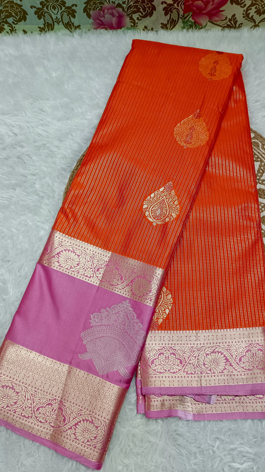 Orange with pastel pink Parijatham Vegan premium kanchi brocade silk saree LA25925