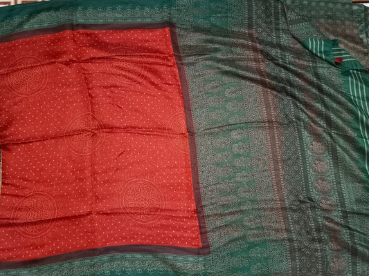 Maroon Fushion bandhini Ajrakh Malai cotton saree HA25414