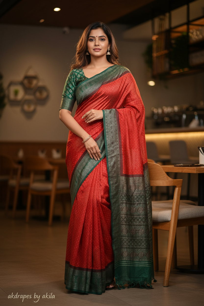 Maroon Fushion bandhini Ajrakh Malai cotton saree HA25414