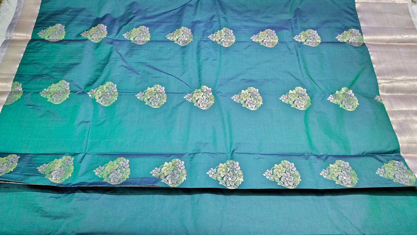 Peacock blue with pastel Varnajalam vegan premium kanchi silk saree LA25914