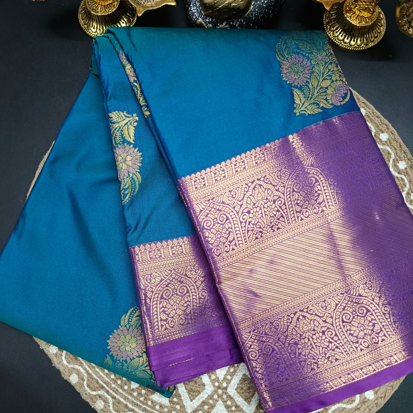 Peacock blue with violet Varnajalam vegan premium kanchi silk saree LA25919