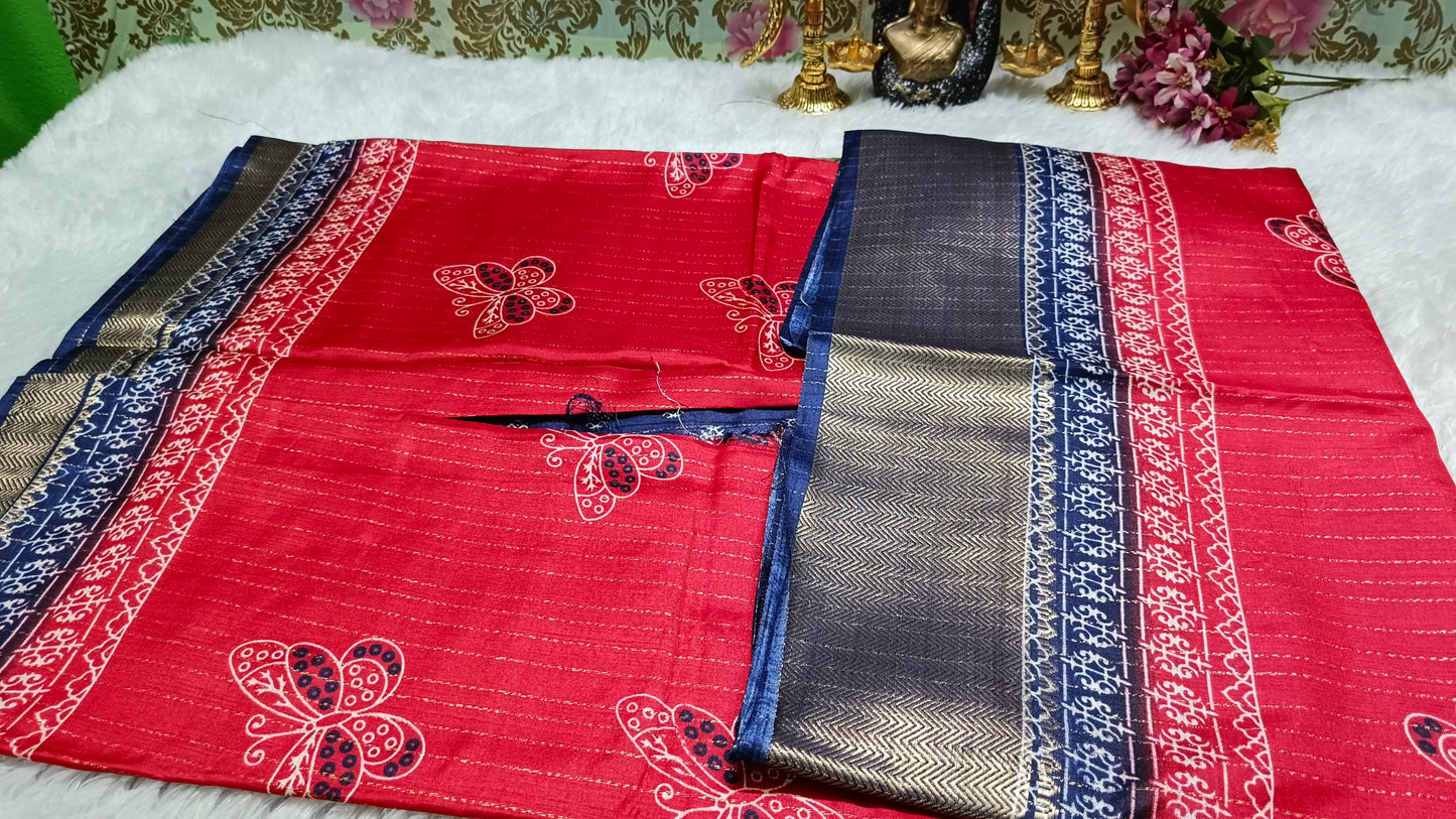 Red with Navy Blue Semi dola butterfly saree SA25719