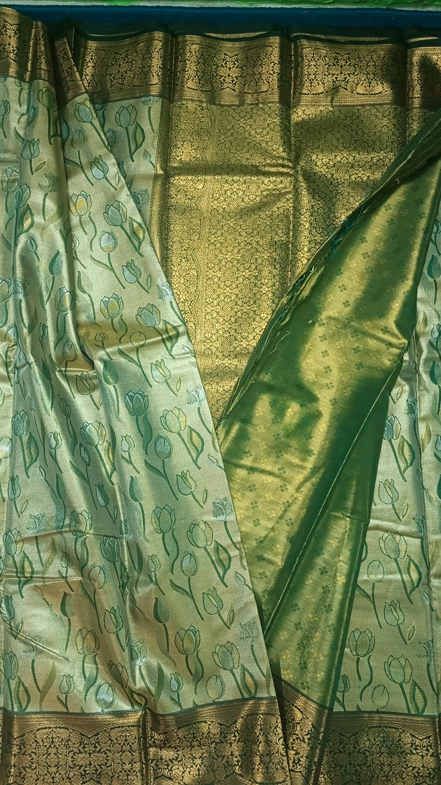 Green Tulika golden bridal tissue Vegan kanchi saree JA25289