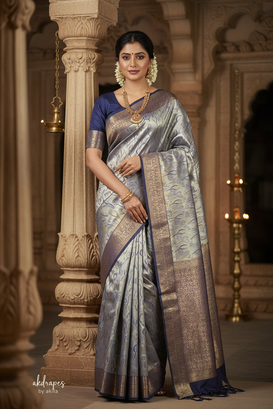Blue Tulika golden bridal tissue Vegan kanchi saree JA25292