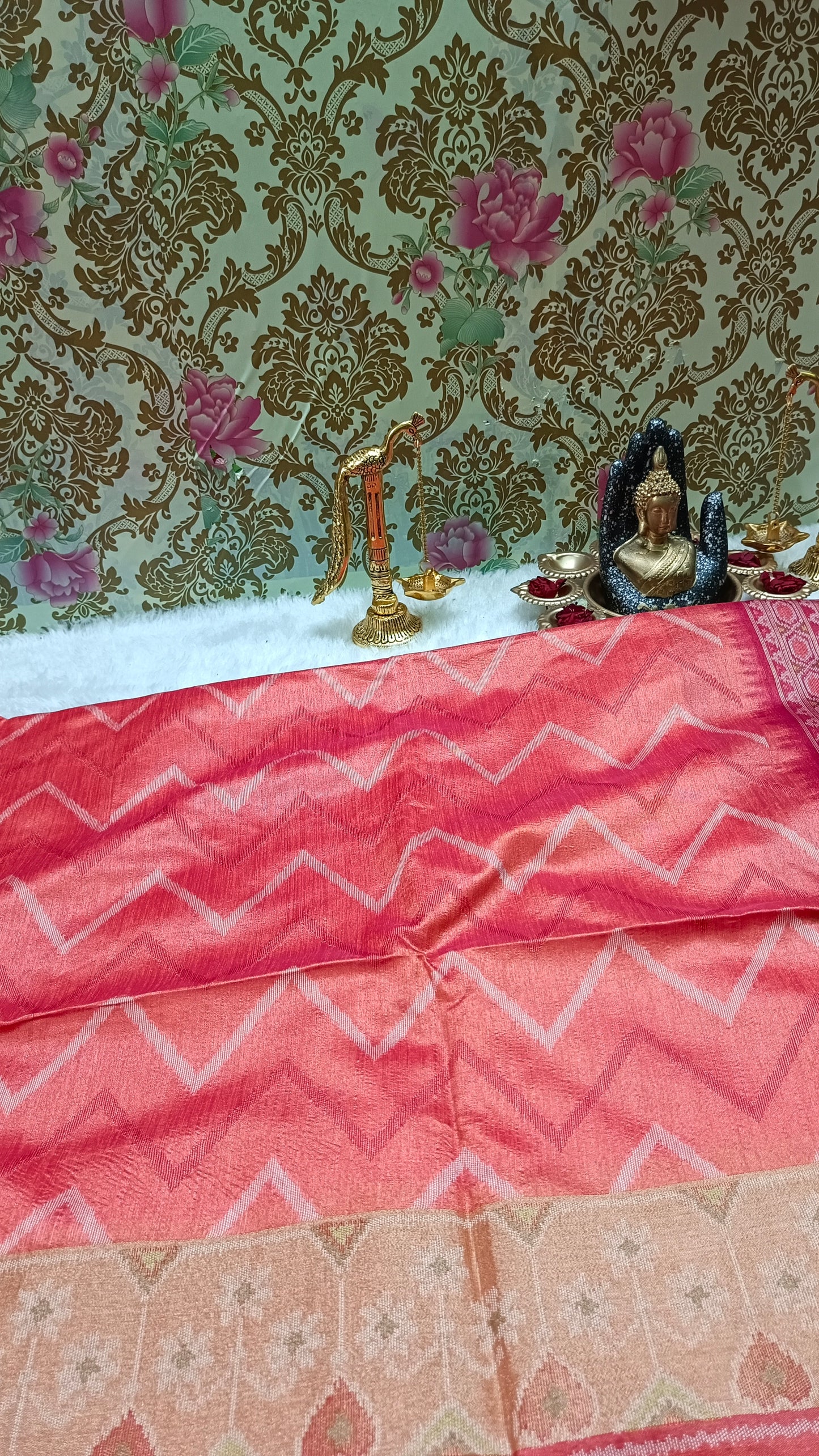 Peach with Pink Zigzag Handweave Ikkat Vegan silk cotton saree HA25431