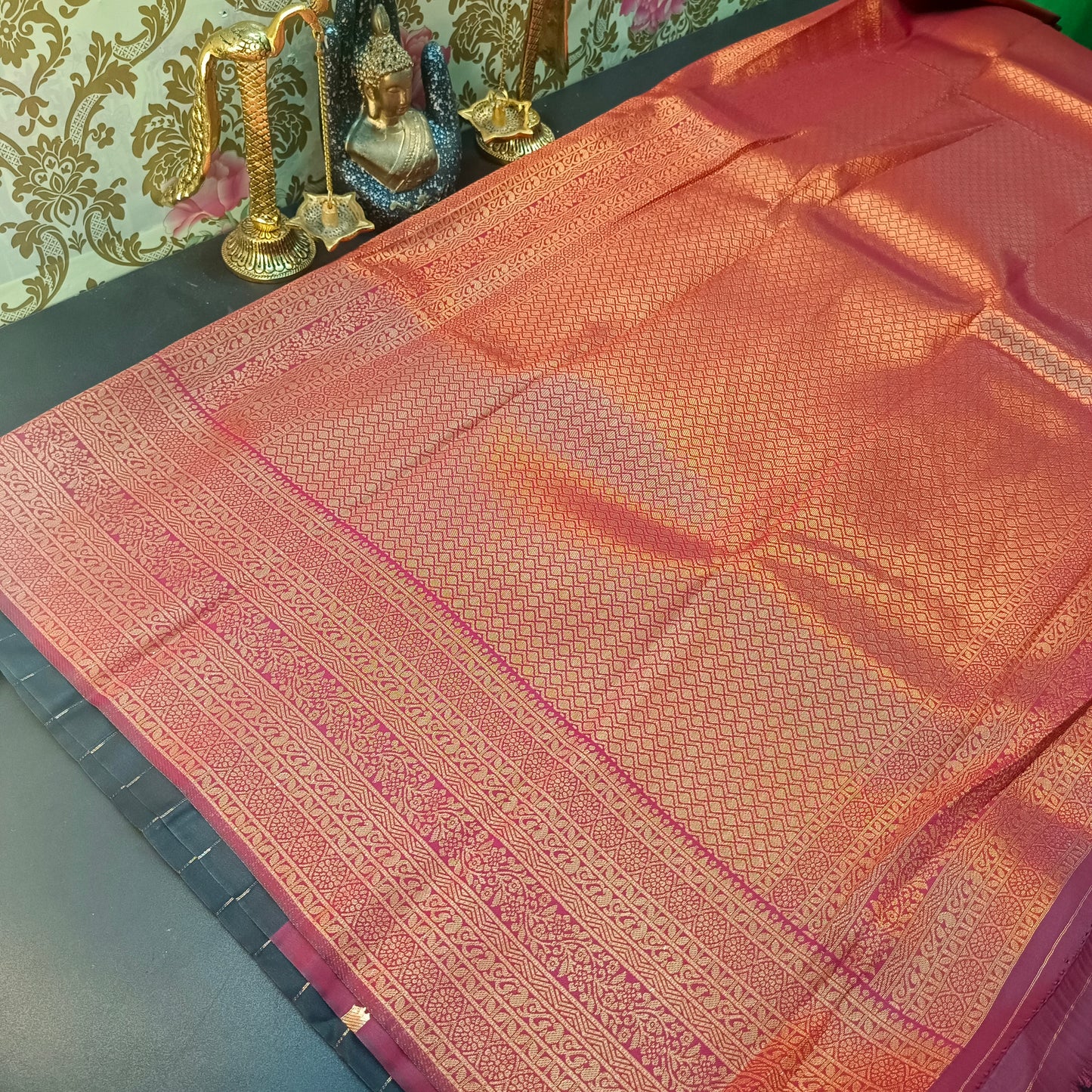 Blach Red Maragatha Muhurtham Vegan Kanchi Silk Saree MA25108